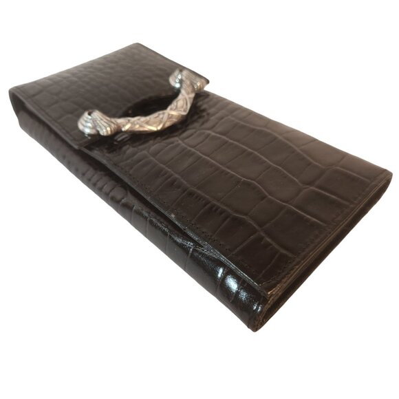 Brighton Vintage Black Leather Reptile Embossed Clutch Wallet Silver Hardware - Picture 8 of 14